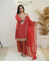 Crepe silk stripe design mirror worked salwar suit-red