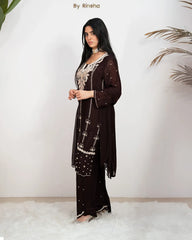 Handworked Chinon Salwar Suit – Dark Brown