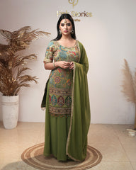 Half sleeve party wear designer sharara suit-olive green