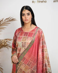 Multi Printed Stone Worked Velvet Suit – Pink