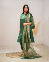 Handworked A-line panelled suit- green