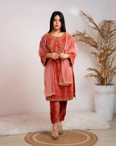 Handworked crushed velvet salwar suit- dark peach