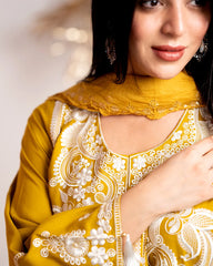 Embroidered cotton rayon 3pc suit- mustard yellow