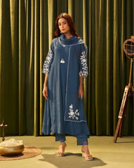 Cotton silk panel cut anarkali indigo shade