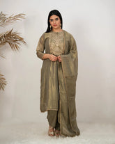 Tissue silk panelled salwar suit with embroidery- olive grey