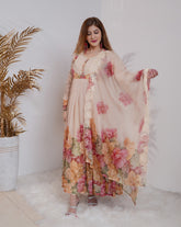 Floral printed pleated chiffon anarkali - beige