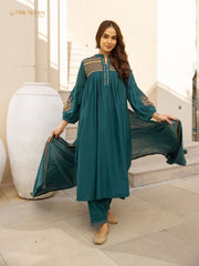 Embroidered 3Pc cotton semi anarkali- dark teal