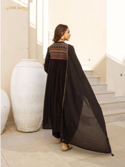 Embroidered 3Pc cotton semi anarkali- black