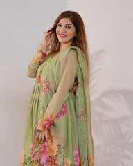 Floral printed pleated chiffon anarkali - pale green