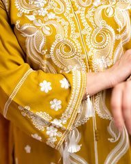 Embroidered cotton rayon 3pc suit- mustard yellow