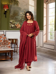 Panelled mul cotta 3Pc A-line anarakali- dusty maroon