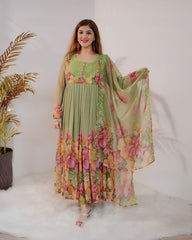 Floral printed pleated chiffon anarkali - pale green