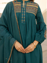 Embroidered 3Pc cotton semi anarkali- dark teal