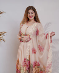 Floral printed pleated chiffon anarkali - beige