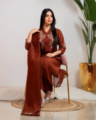 Handworked mul chanderi A-line suit- brown