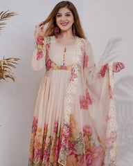Floral printed pleated chiffon anarkali - beige