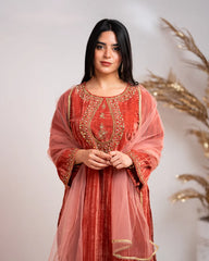 Handworked crushed velvet salwar suit- dark peach