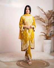 Embroidered cotton rayon 3pc suit- mustard yellow