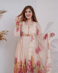 Floral printed pleated chiffon anarkali - beige