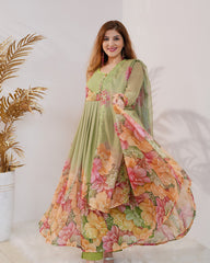 Floral printed pleated chiffon anarkali - pale green