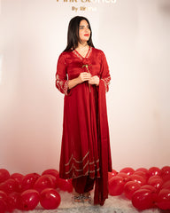 Hand Worked Panel Cut Anarkali - Red