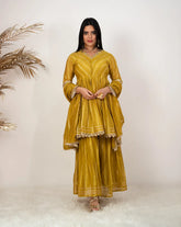 Sharara suit with peplum top- mustard yellow