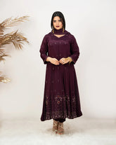 Heavy handworked panel cut anarkali- wine purple