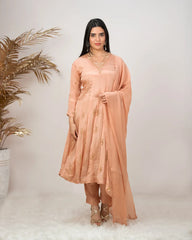 Handworked panel cut anarkali suit-peach