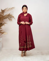 Handworked V-neck chinon anarkali- wine shade