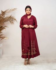 Handworked V-neck chinon anarkali- wine shade