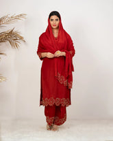 Handworked crepe silk palazzo suit- red