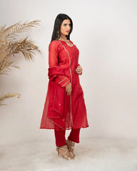 Handworked mul chanderi A-line suit- pink red