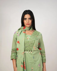 floral printed cotton salwar suit with lace work-green