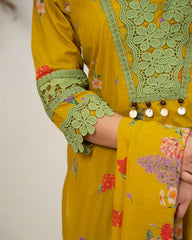 floral printed cotton salwar suit with lace work-yellow