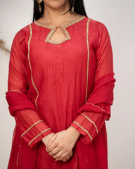 Handworked mul chanderi A-line suit- pink red