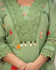 floral printed cotton salwar suit with lace work-green