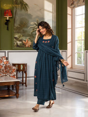 Panelled mul cotta 3Pc A-line anarakali- dark teal blue