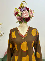 Printed 2Pc Cotton Flex Co-Ord Set- Brown