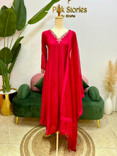 Mul Chanderi Panel cut A-Line Suit- Cherry Red