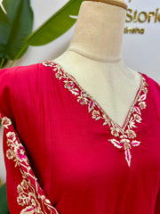 Mul Chanderi Panel cut A-Line Suit- Cherry Red
