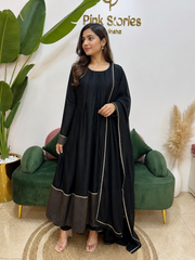 Golden Zari Striped Loose A-Line Suit- Black
