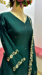 Handworked mul chanderi A-line suit- Forest green