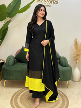 Golden Zari & Fluorescent Yellow Contrast A-Line Suit – Black