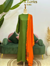 Mehndi Green Kaftan Suit with Orange Contrast Dupatta