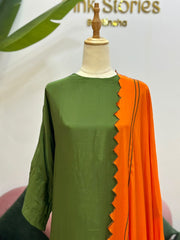 Mehndi Green Kaftan Suit with Orange Contrast Dupatta