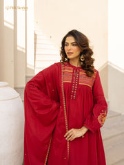 Embroidered 3Pc cotton semi anarkali- red