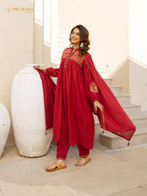 Embroidered 3Pc cotton semi anarkali- red