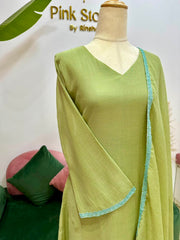 Crushed Chanderi A-Line Suit- Olive Green