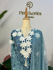 Heavy Crochet Salwar Suit- Dusty Blue