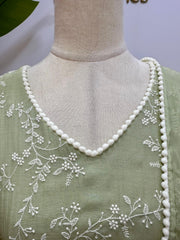Embroidered Mul Chanderi A-line Suit- Pastel Green